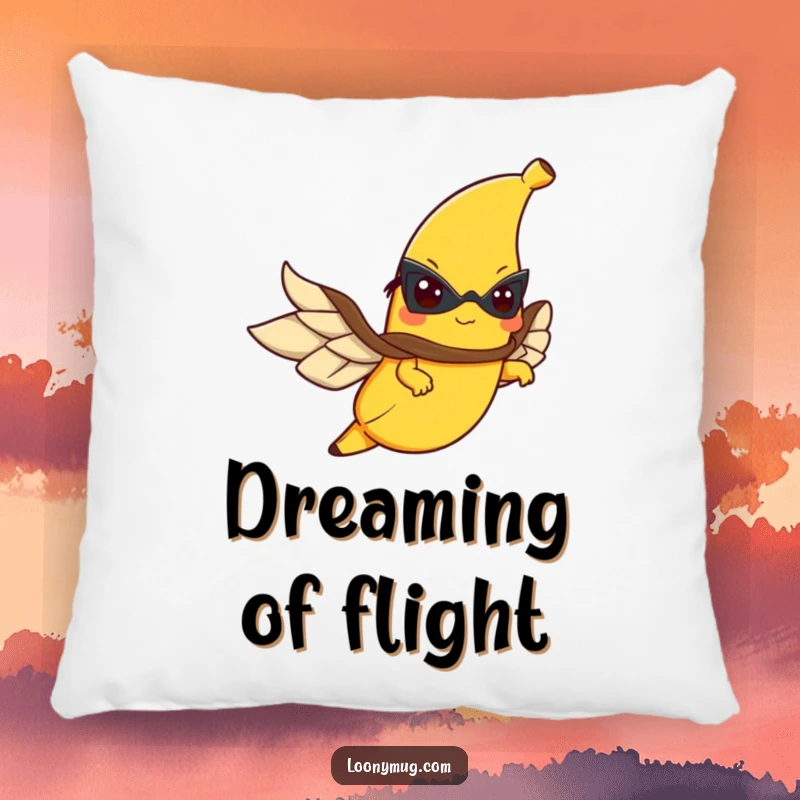 Funny pillow designed as a determined flying banana in a cape, offering comfort and a touch of humor.