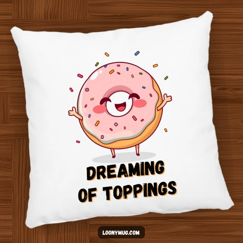Funny giggling donut pillow character juggling sprinkles with a grin, a comfortable and humorous accent.