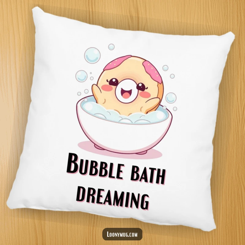 Funny decorative pillow with a happy donut character blissfully floating in a bubble bath, bringing cheerful vibes.