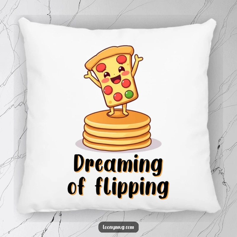 Funny pillow featuring a cute pizza performing a handstand on pancakes, offering comfort and a comical breakfast-themed accent.