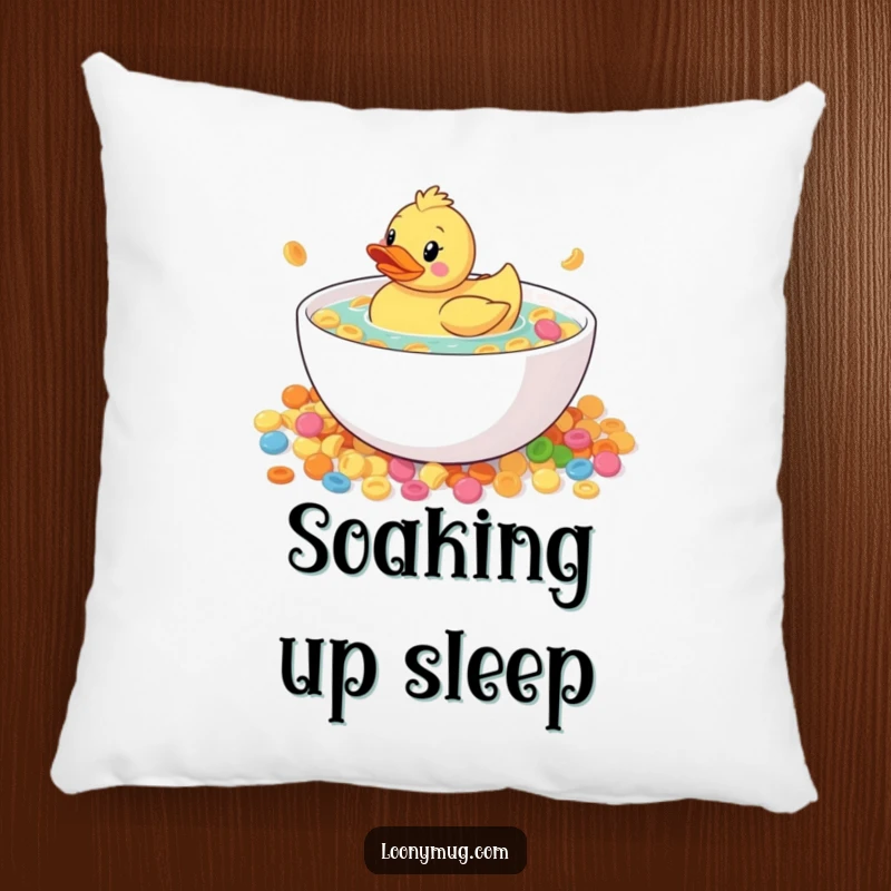 Funny rubber duck in a large bowl of cereal, on a soft pillow, bringing quirky humor to any room, cozy.
