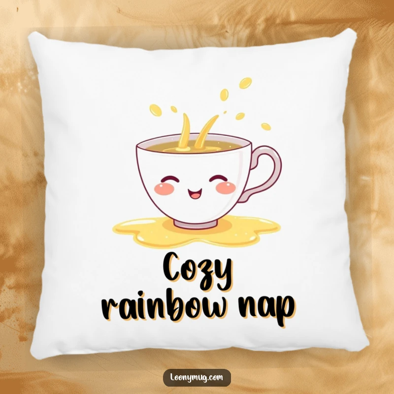 Funny pillow depicting a shy teacup giggling as it spills a rainbow of tea, offering comfortable, humorous, and colorful decor.