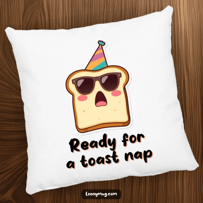 Funny pillow featuring a surprised slice of toast with sunglasses and a party hat, designed for ultimate comfort and amusement.