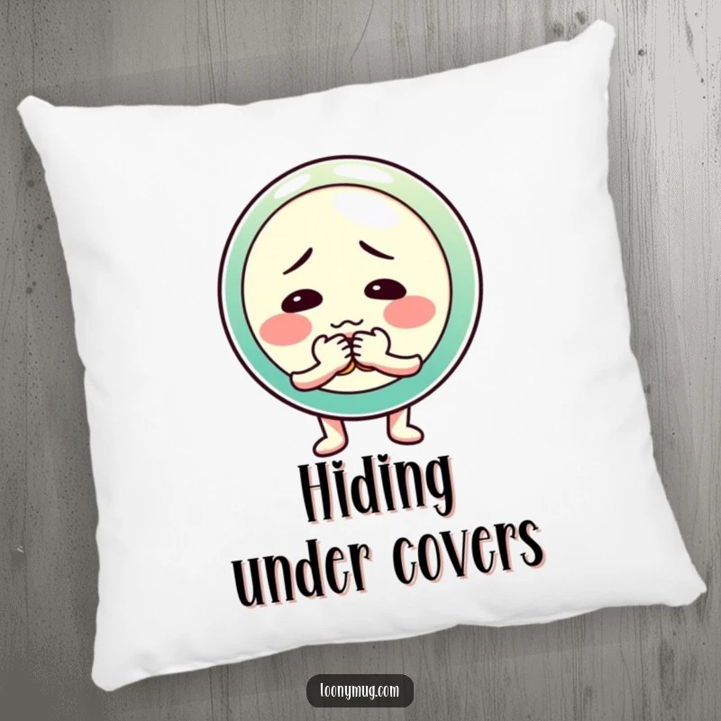 Funny pillow with a shy button character fumbling with its fasteners, designed for comfort and endearing appeal.