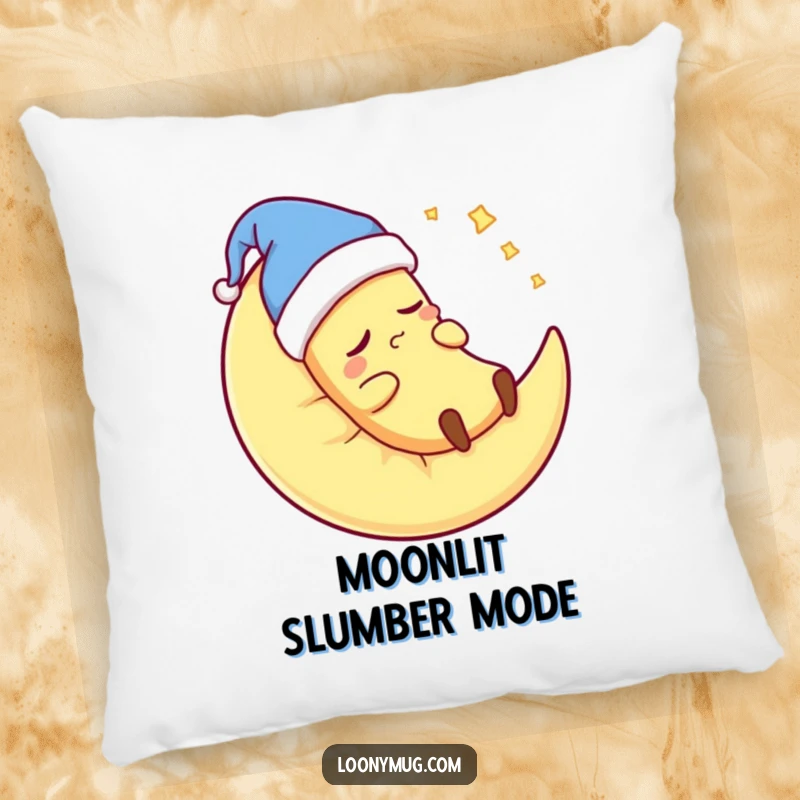 Funny banana wearing a nightcap, snoring on a moon pillow, on a soft pillow, bringing calm and humor.