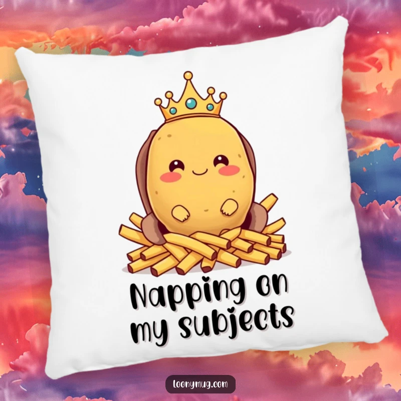 Funny pillow illustrating a proud potato king on a french fry throne, offering comfortable, humorous, and regal decorative flair.