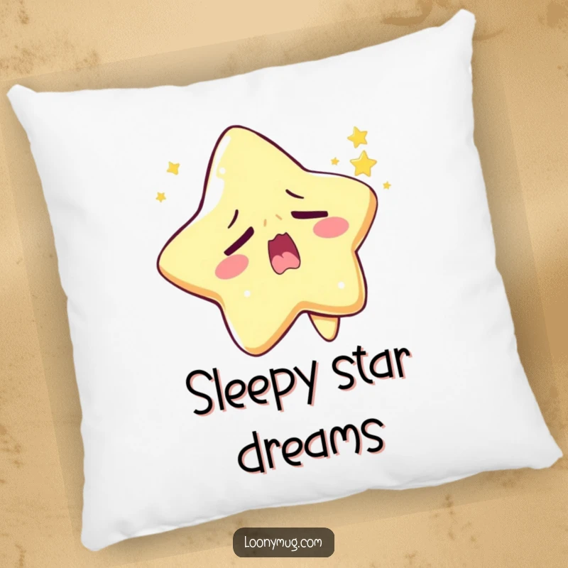 Funny sleepy star pillow character yawning widely while trying to twinkle, a comfortable and humorous accent.