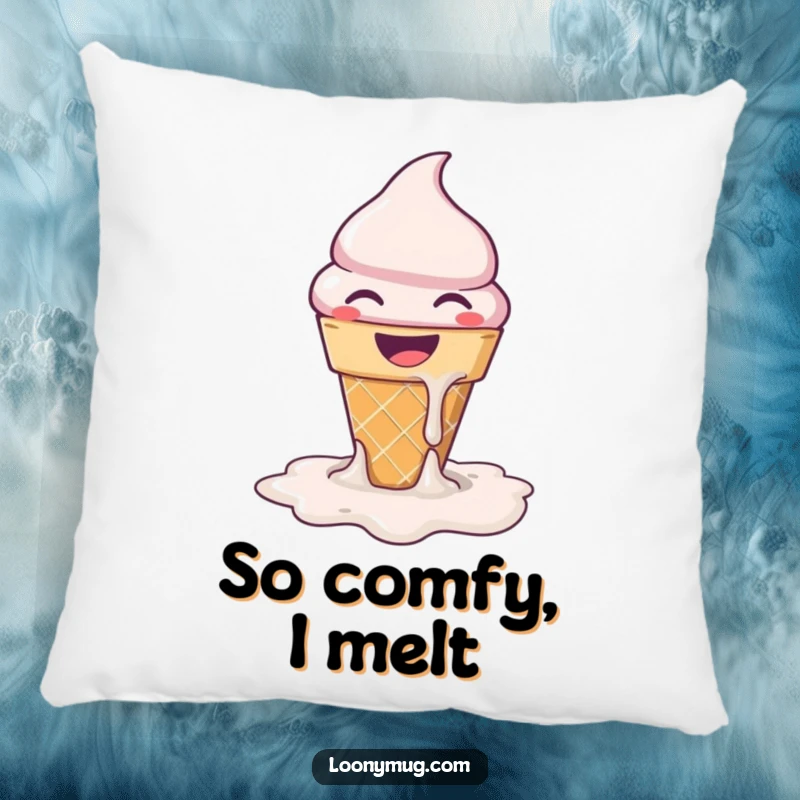 Soft pillow featuring a funny melting ice cream cone, designed to bring sweet joy and humor to any room.