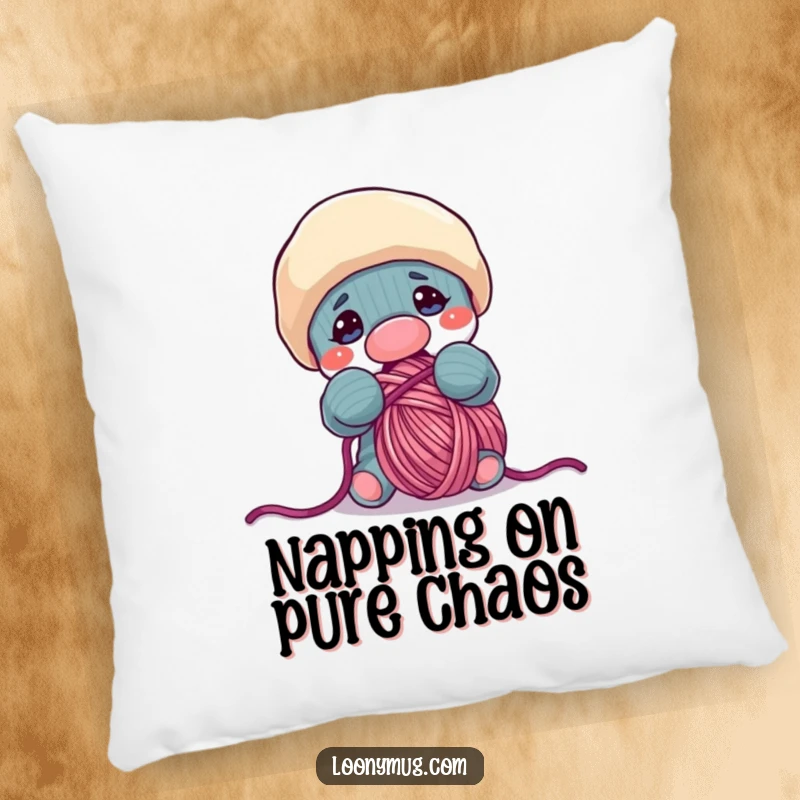 Funny pillow design of a cute sock puppet with a mischievous expression, caught in the act of trying to eat a tangled ball of yarn.