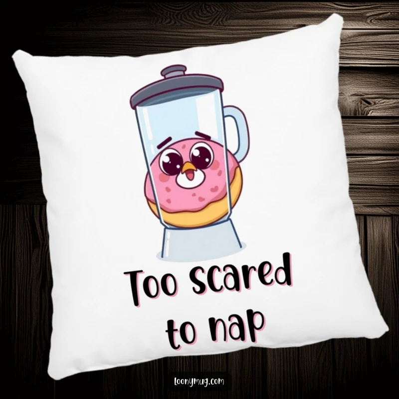 Funny pillow with a startled donut, googly eyes, escaping a blender, perfect for humorous comfort and decor.