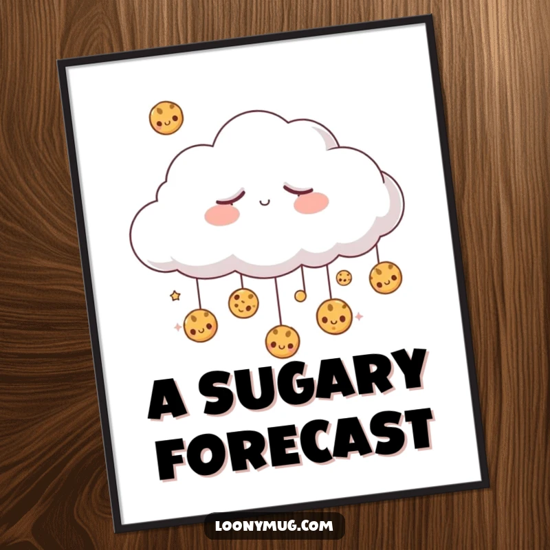 Funny sleepy cloud dreaming of raining cookies, as a high-resolution digital art print. Instantly downloadable dreams.