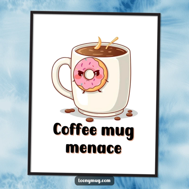 Funny grumpy donut trying to escape a giant coffee mug, as a high-resolution digital art print. Instantly downloadable humor.