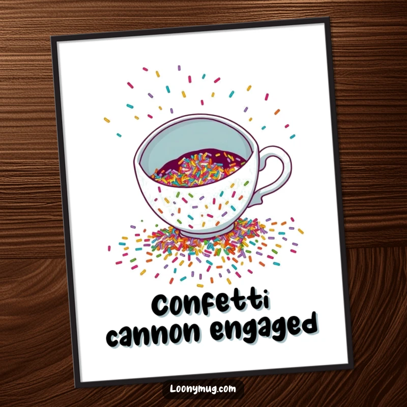 Funny Digital Art Print of a mischievous teacup spilling a colorful cascade of sprinkles, perfect for festive wall decor.