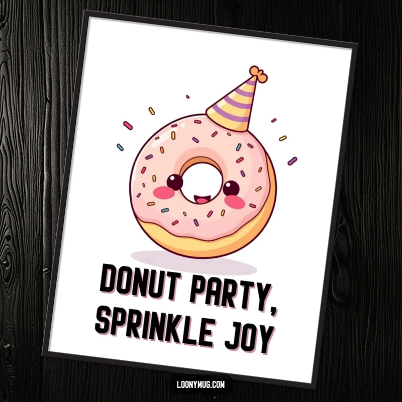 Funny digital art print of a cheerful donut in a party hat juggling sprinkles.