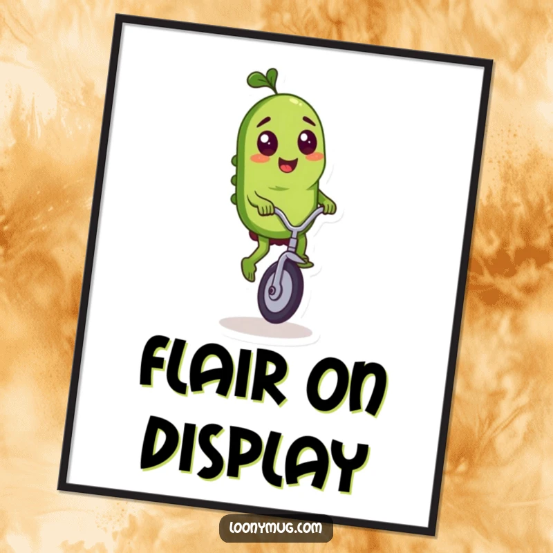 Funny digital art print of a mischievous pickle character riding a tiny unicycle with impressive flair.