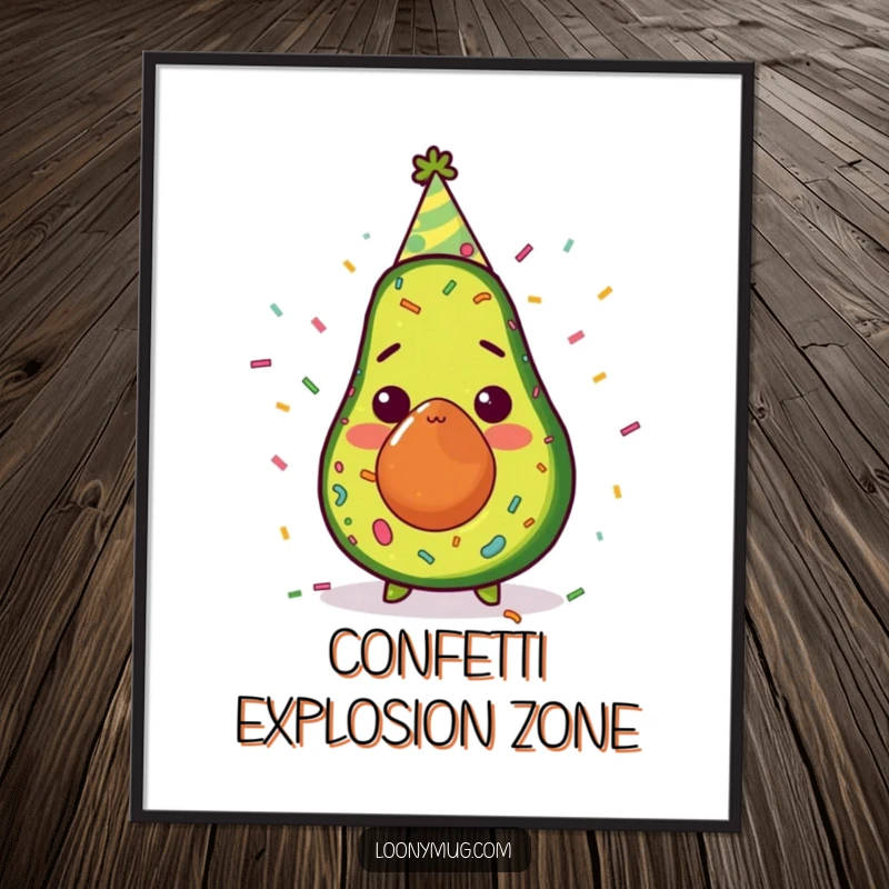 Funny avocado wearing a party hat, covered in confetti, digital art print, surprised expression, humorous wall decor.