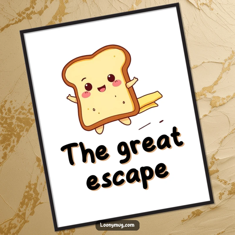 Funny cheerful toast slice riding a runaway butter pat, as a high-resolution digital art print. Instantly downloadable whimsy.