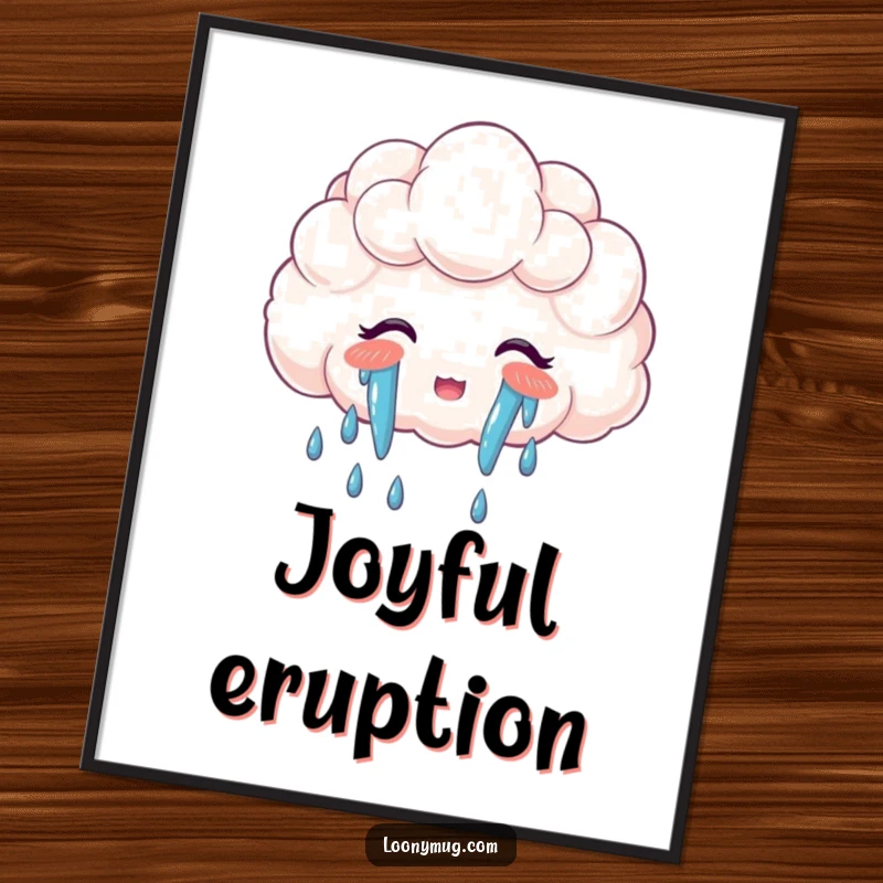 Funny digital artwork of a cloud joyfully crying a colorful rainbow, perfect for immediate whimsical decor.