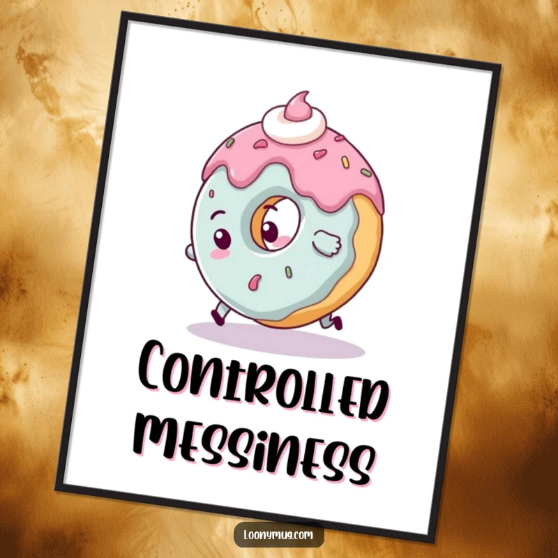 Funny clumsy donut digital art print character tripping over its frosting, instantly downloadable humorous decor.