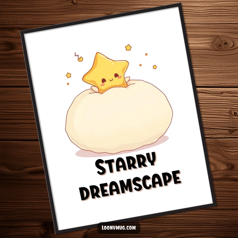 Funny digital art print of a dreaming star character happily bouncing on a huge, fluffy pillow.