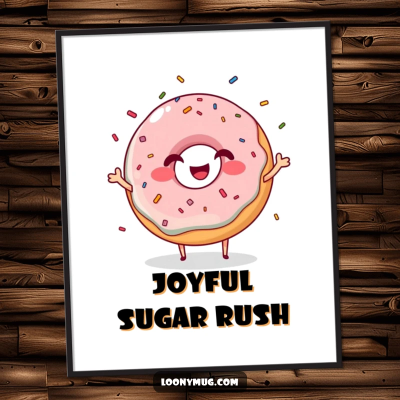 Funny giggling donut digital art print character juggling sprinkles with a grin, instantly downloadable sweet decor.