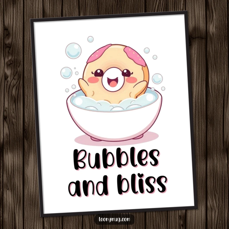 Funny digital art of a happy donut character blissfully floating in a bubble bath, ready to be printed.