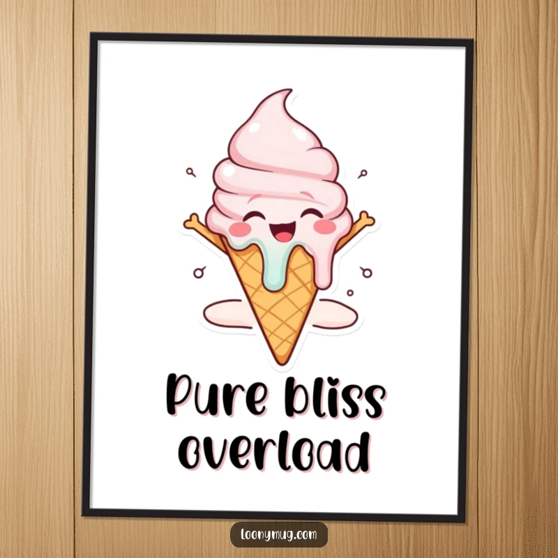 Funny ice cream cone digital art print character melting dramatically with joy, instantly downloadable happy decor.