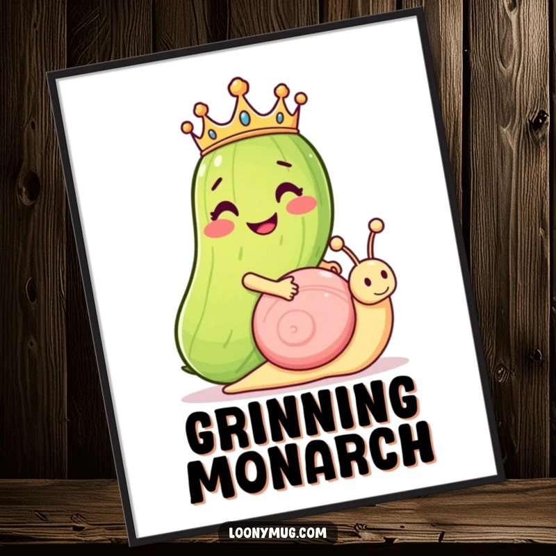 Funny digital art print: a grinning pickle with a tiny crown rides a snail, a humorous and regal illustration for instant download.