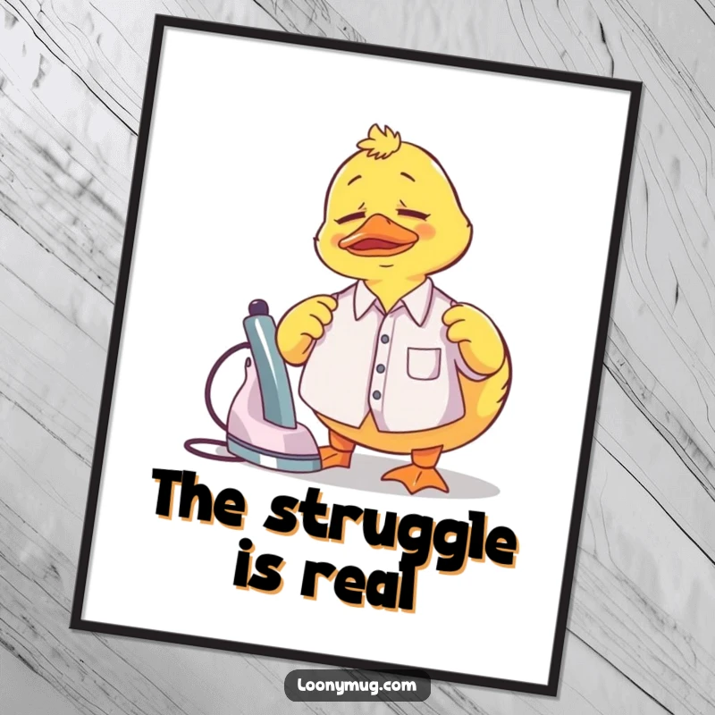 Funny Digital Art Print of a confused rubber duck hilariously trying to iron a miniature shirt, adding whimsy.