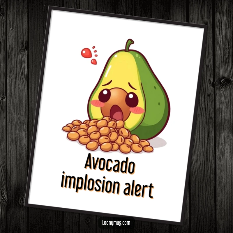 Funny shocked avocado spilling its seeds in disbelief, as a high-resolution digital art print. Instantly downloadable humor for your walls.