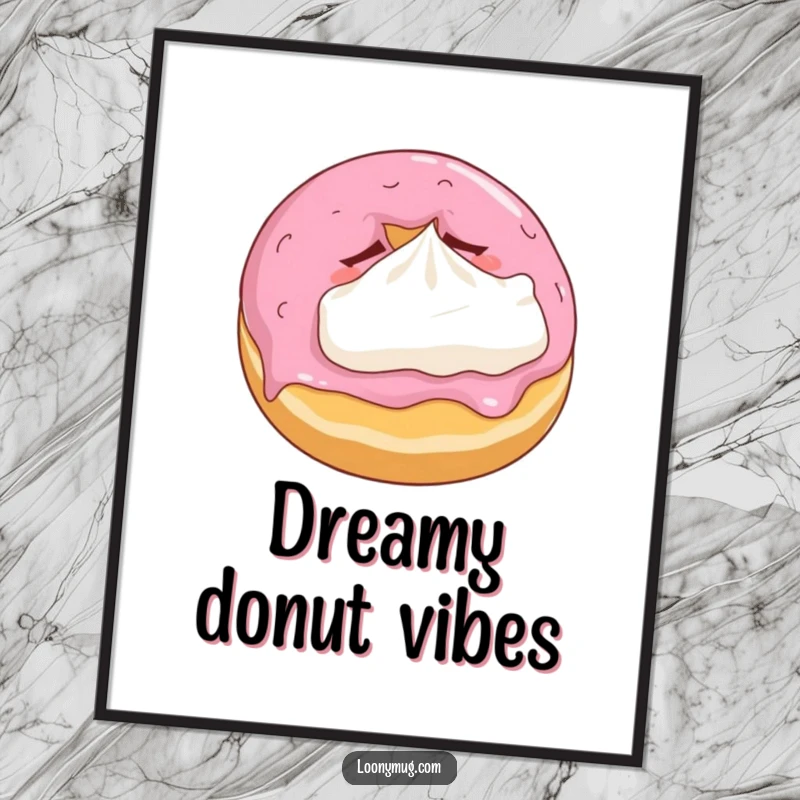 Funny digital art of a sleepy donut snuggling a mini whipped cream pillow, perfect for instant whimsical decor.