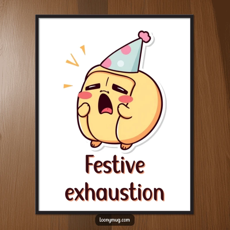 Funny digital art print of a sleepy hot dog character yawning widely while wearing a small party hat.