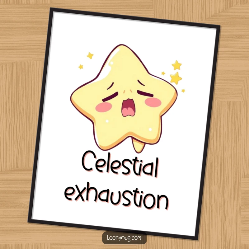 Funny sleepy star digital art print character yawning widely, trying to twinkle, instantly downloadable sleepy decor.