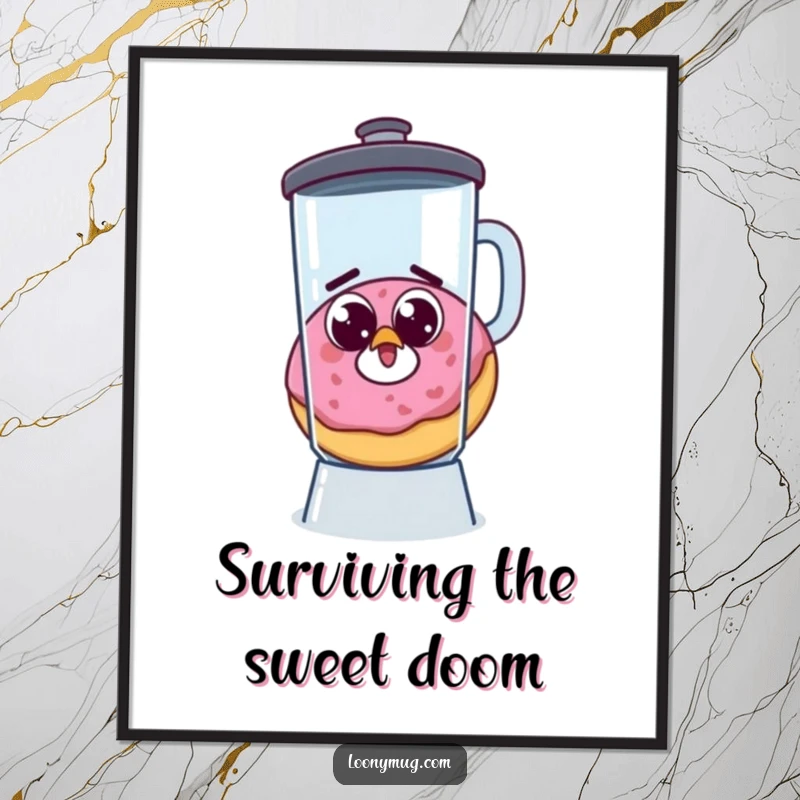 Funny digital art print of a startled donut with googly eyes, escaping a blender, offering instant whimsical wall art.