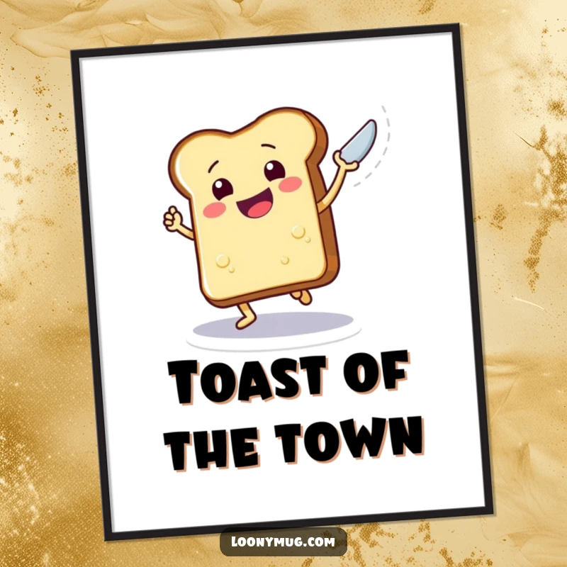 Funny digital art print capturing a piece of toast in a dynamic dance pose, happily brandishing a butter knife, full of morning energy.