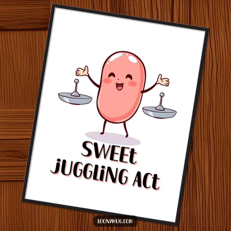 Funny digital art print of a wobbly jelly bean juggling three spinning plates, offering a humorous and dynamic piece for any wall.