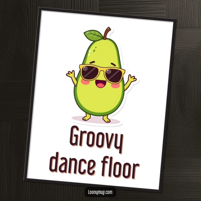 Funny digital art of a cute avocado character wearing sunglasses and performing a silly, energetic dance, ready to be printed.