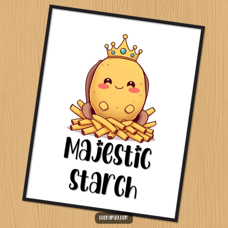 Funny digital art print of a proud potato king on a french fry throne, ready for instant download and humorous wall decor.