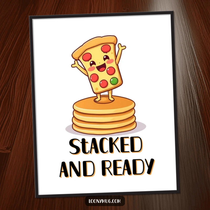 Funny digital art print of a pizza doing a handstand on pancakes, offering a whimsical and humorous breakfast illustration for instant download.