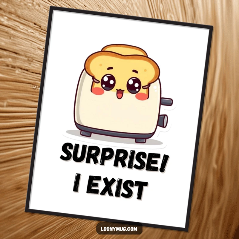 Funny digital art print of a toast character popping out of a toaster with wide, surprised eyes.