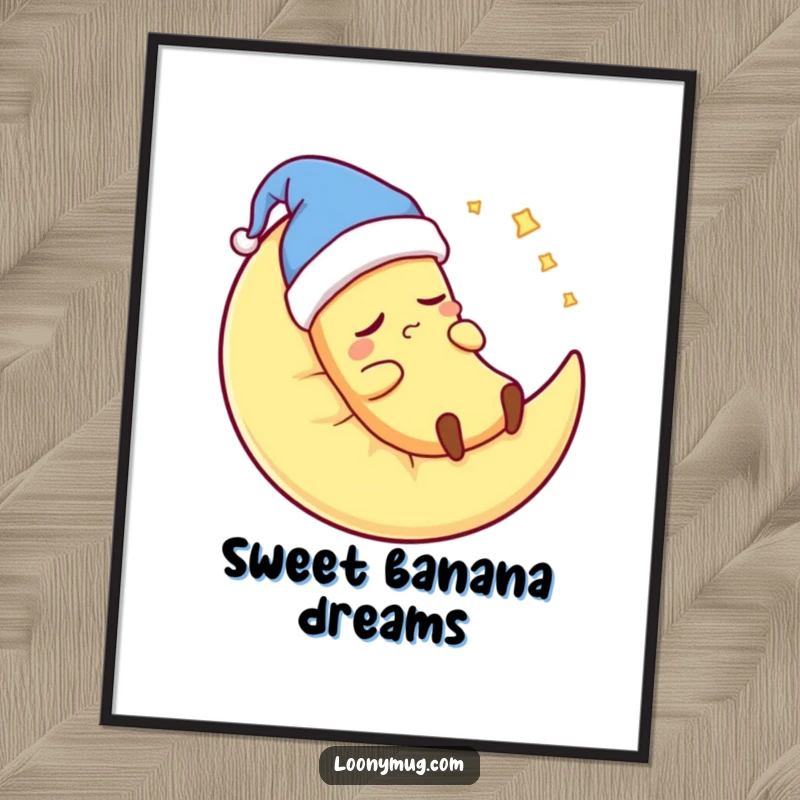 Funny banana wearing a nightcap, snoring on a moon pillow, digital art print, serene and humorous.