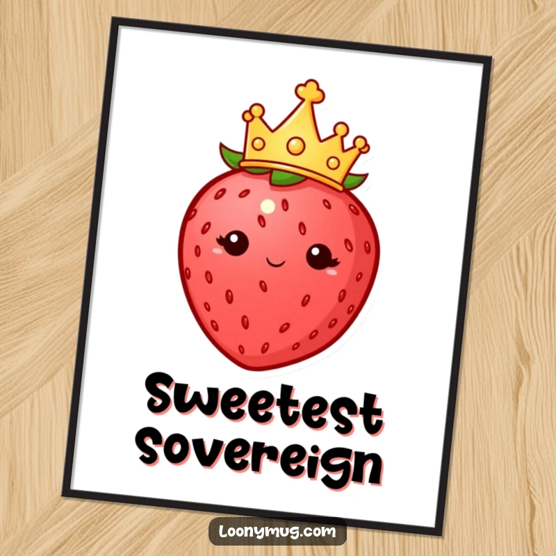 Funny digital art print of a plump strawberry wearing a tiny crown, looking imperious and majestic.