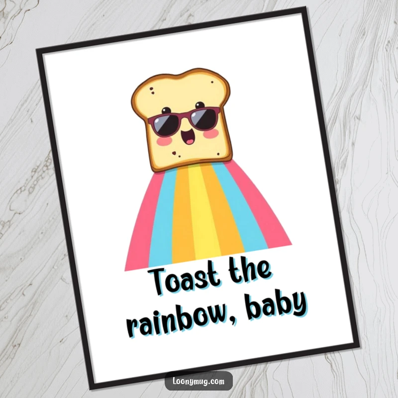 Funny digital art print of a surprised slice of toast in sunglasses sliding down a rainbow.
