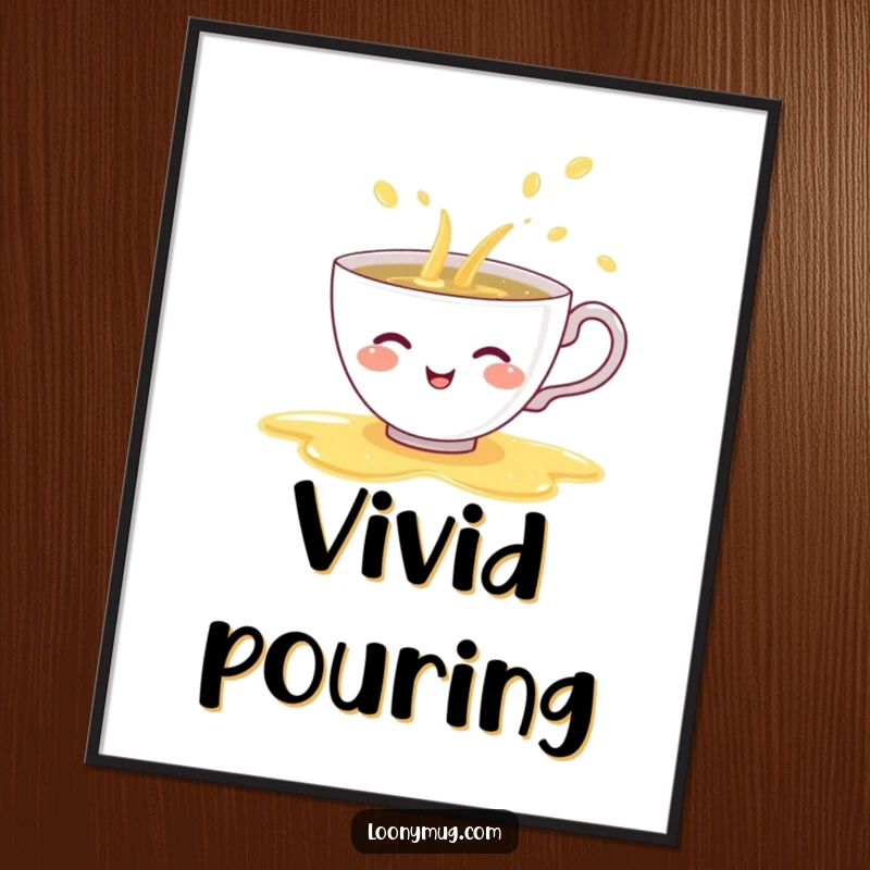 Funny digital art print of a shy teacup giggling while spilling a rainbow of tea, ready for instant download and whimsical decor.