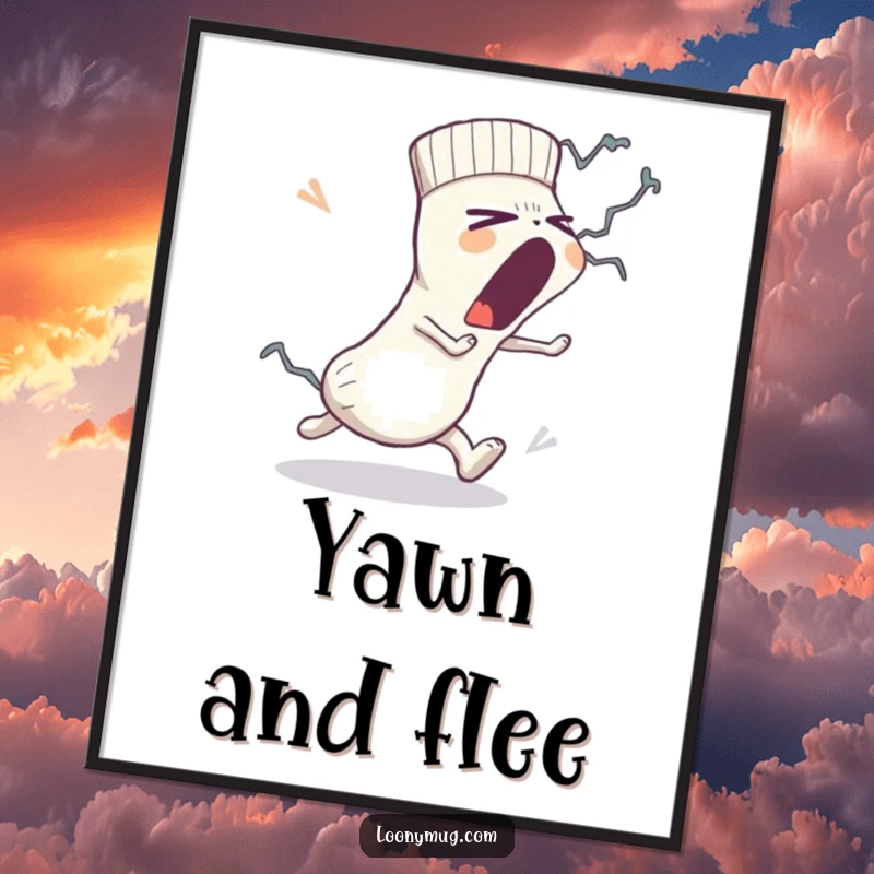 Funny digital art print: a sleepy sock yawns large while being chased by a lint monster, a humorous and dynamic illustration for instant download.