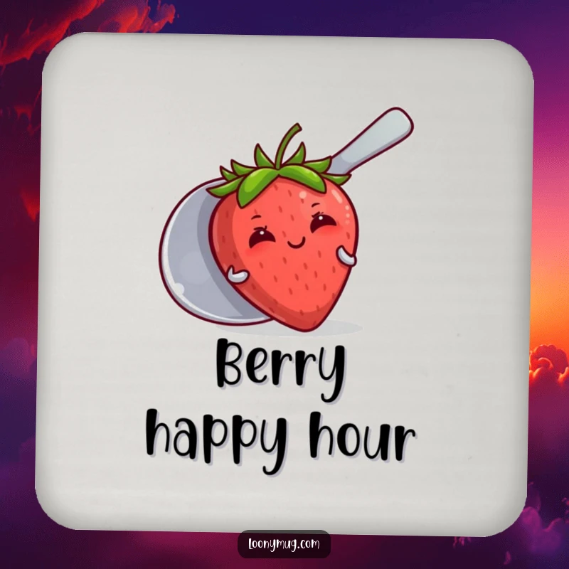 Funny drink coaster showing a blushing strawberry hiding behind a giant spoon, adding cute protection to surfaces.
