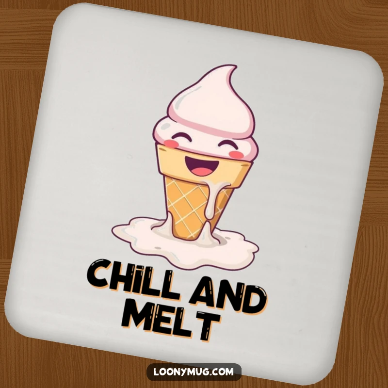 Funny ice cream cone melting design on a drink coaster, providing surface protection with sweet and humorous flair.