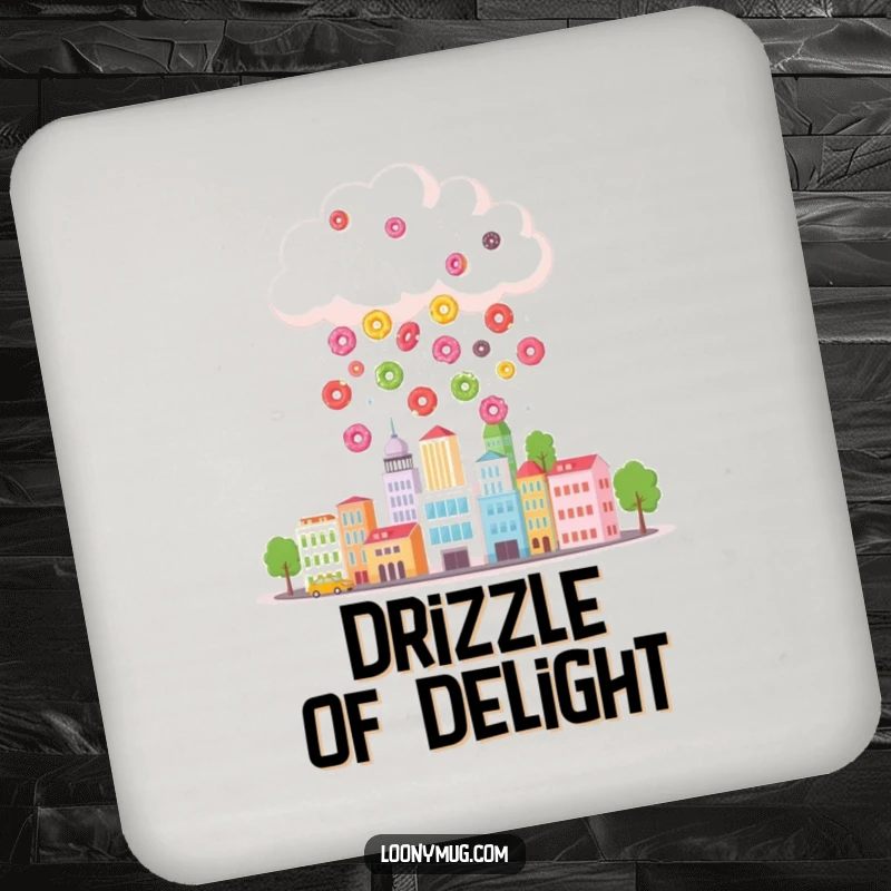 Funny drink coasters set featuring a cloud raining colorful donuts onto a tiny cityscape, offering humorous and sweet surface protection.