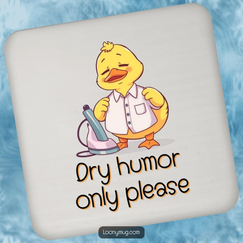 Funny Drink Coaster set depicting a confused rubber duck attempting to iron a tiny shirt, perfect for kitchens.