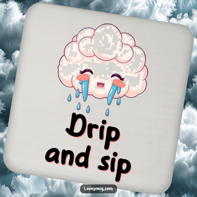Funny drink coaster with a cloud crying a vibrant rainbow, protecting surfaces with whimsical joy.